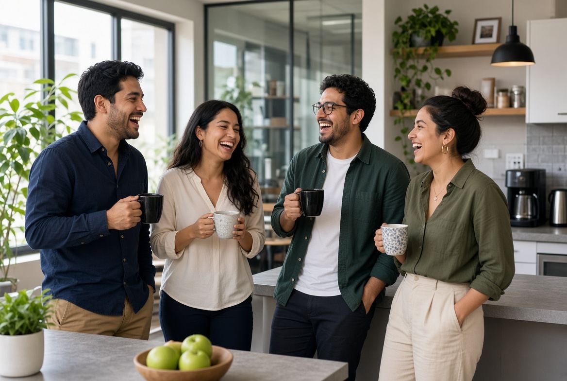 Cuatro colegas toman café de pie en la cocineta de una oficina